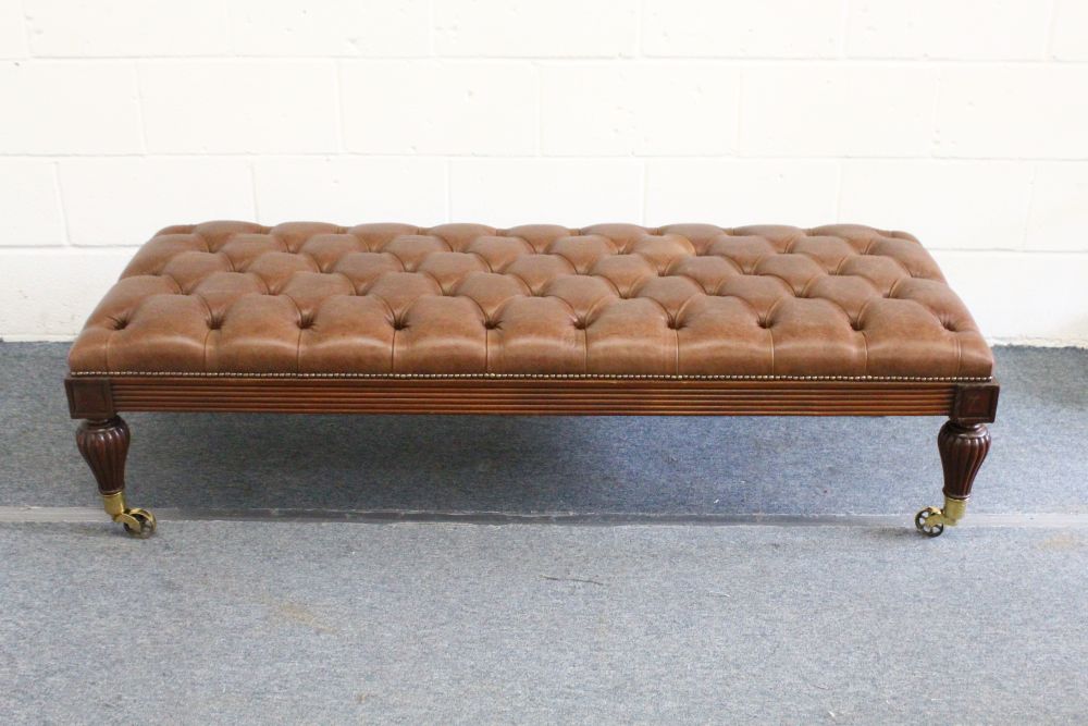 A GOOD LONG GEORGIAN DESIGN STOOL, with studded leather top, studded brass and reeded sides, on - Image 2 of 2