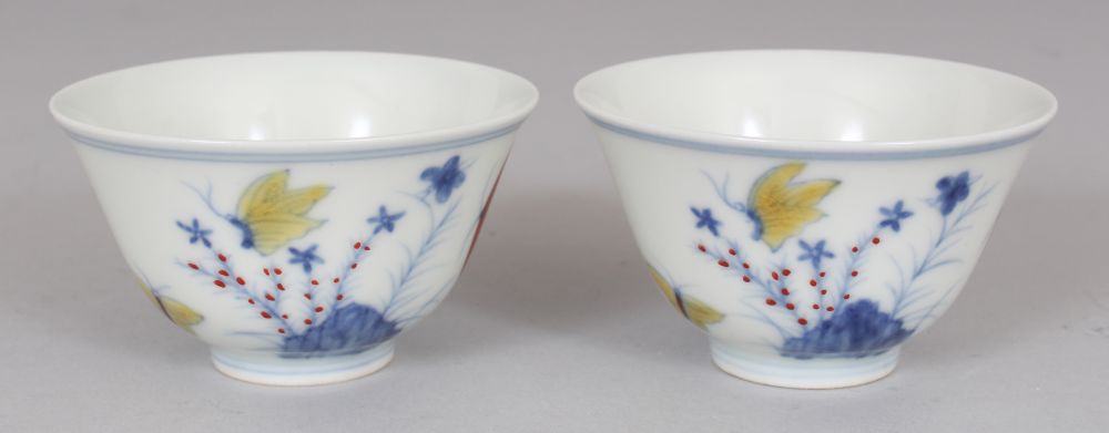 A PAIR OF MING STYLE DOUCAI PORCELAIN CUPS, decorated with butterflies, ferns and rockwork, each