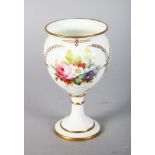A ROYAL CROWN DERBY PEDESTAL VASE, painted with flowers by ALBERT GREGORY, signed 4.5in high.