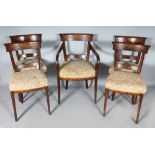 A SET OF FIVE 19TH CENTURY DUTCH MAHOGANY AND MARQUETRY DINING CHAIRS, with padded seats on sabre