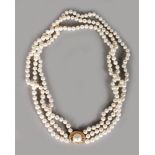 AN 18CT YELLOW GOLD THREE ROW FRESHWATER PEARL NECKLACE with Mabe pearl and diamond clasp.