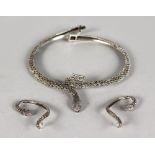 A SILVER AND MARCASITE SNAKE NECKLACE AND LONG EARRINGS.