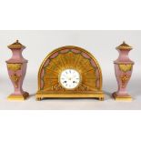 A VERY UNUSUAL FRENCH FAN SHAPED CLOCK AND GARNITURE, with enamel dial, blue and Roman numerals,