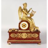 A VERY GOOD LOUIS XVI ORMOLU AND MARBLE CLOCK, with eight-day movement, striking on a single bell,