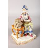 A 19TH CENTURY MEISSEN GROUP OF THE SENSES, a lady sitting beside a table , a parrot in a cage.