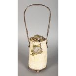 A GOOD CHINESE IVORY SHIBYAMA BASKET with mother-of-pearl flowers and silver rustic handle.