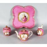 A GOOD SEVRES CABARET, comprising square shaped tray, teapot and cover, sucrier and cover, milk jug,