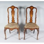 A PAIR OF 18TH CENTURY DUTCH MARQUETRY SINGLE CHAIRS, with serpentine fronts and cabriole legs