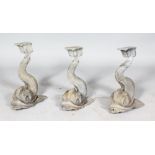 A SET OF THREE 18TH CENTURY LEAD DOLPHINS. 1ft 2ins high.