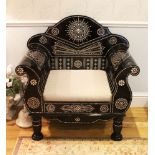 AN EASTERN LACQUER THRONE STYLE CHAIR, with mother-of-pearl inlaid decoration. 3ft 4ins wide x 3ft