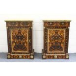 A VERY GOOD PAIR OF 18TH CENTURY, POSSIBLY ITALIAN, MARQUETRY CUPBOARD, with Sunna marble tops,