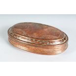 AN 18TH CENTURY DUTCH OVAL COPPER TOBACCO BOX, the top and bottom engraved with figures and
