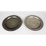 TWO LARGE 18TH CENTURY PEWTER PLATES. 14ins diameter.