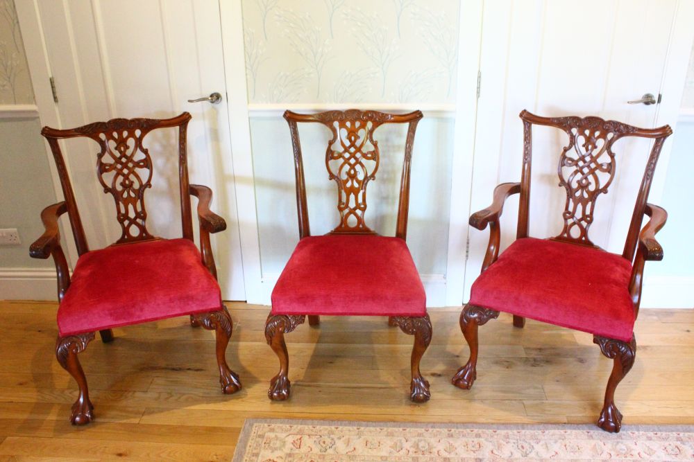 A GOOD SET OF EIGHT GEORGE III DESIGN MAHOGANY DINING CHAIRS, two with arms, with carved decoration, - Image 2 of 2