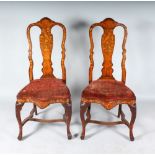 A PAIR OF 18TH CENTURY DUTCH MARQUETRY SINGLE CHAIRS, with serpentine fronts and cabriole legs