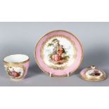 A MEISSEN CHOCOLATE CUP, COVER AND SAUCER painted with panels of young lovers.