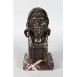 AFTER FREDERIC REMMINGTON THE "SAVAGE". A BRONZE BUST HEAD OF A RED INDIAN. Signed and dated 1908.