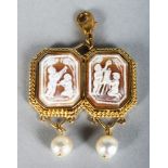 A VERY GOOD GOLD DOUBLE CAMEO AND PEARL BROOCH.