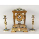 A VERY GOOD 19TH CENTURY FRENCH ONYX AND CHAMPLEVE ENAMEL CLOCK GARNITURE, the clock case with