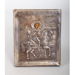 A RUSSIAN SILVER MOUNTED ICON, "Saint on a Horse". 8cms x 6cms.