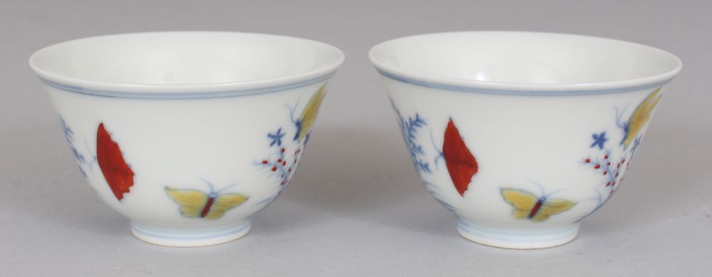 A PAIR OF MING STYLE DOUCAI PORCELAIN CUPS, decorated with butterflies, ferns and rockwork, each - Image 2 of 7