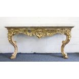 A SUPERB 18TH CENTURY FLORENTINE CARVED AND GILDED LONG CONSOLE TABLE, with marble top, 5ft 7ins