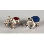 TWO SILVER NOVELTY ELEPHANT PIN CUSHIONS.
