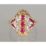 A 9CT GOLD, RUBY AND DIAMOND DECO STYLE RING.