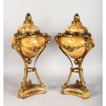A VERY GOOD PAIR OF 19TH CENTURY MARBLE CASSOLETTES AND COVERS, with ormolu mounts, scrolls,