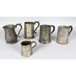 A GROUP OF FIVE VARIOUS 18TH CENTURY PEWTER MEASURES (5). 6.5ins high and smaller.