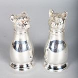 A SMALL PAIR OF PLATED CAT AND DOG SALTS.