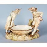 A GOOD HADLEY'S ROYAL WORCESTER OVAL BASKET, with a young boy and girl beside a basket. Pattern