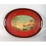 A PERIOD OVAL PAINTED TWO-HANDLED TOLE TEA TRAY, boats at a quayside. 19ins long.