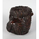 A BLACK FOREST CARVED WOOD SHAGGY DOG TOBACCO JAR with glass eyes.