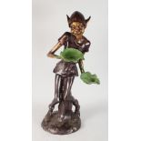 A GOOD TWO-COLOUR BRONZE STANDING PIXIE holding a leaf. 31ins high.