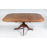 A GOOD LARGE REGENCY MAHOGANY RECTANGULAR TOP BREAKFRONT TABLE, with double crossbanded top, on a