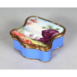 A GOOD BILSTON BLUE ENAMEL SNUFF BOX, the shaped lid painted with a view overlooking a lake. 2ins