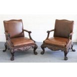 A VERY GOOD PAIR OF CHIPPENDALE DESIGN LIBRARY CHAIRS, with leather backs and sides, carved arms,