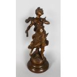 ADOLPHE FERDINAND MOREAU (1827-1882) FRENCH A GOOD BRONZE OF A YOUNG LADY, carrying a fan, a bird on
