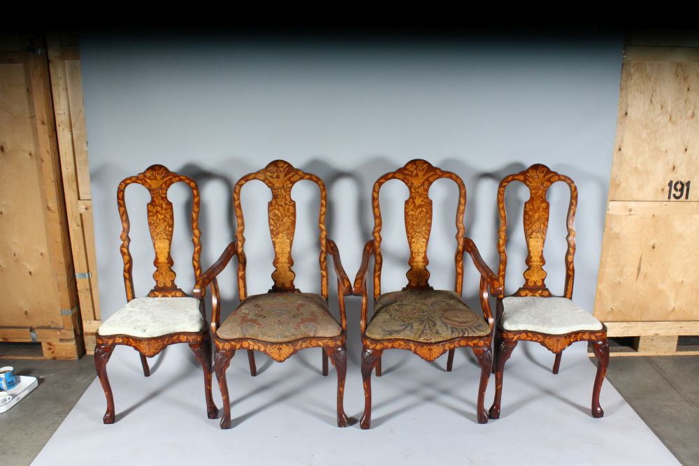 A GOOD PAIR OF 18TH CENTURY DUTCH MARQUETRY ARMCHAIRS AND MATCHING PAIR OF SINGLE CHAIRS, with - Image 2 of 2