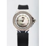 A LADIES RUSSIAN DIAMOND SET WRISTWATCH with leather strap.