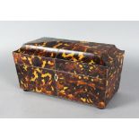 A LARGE REGENCY STYLE FAUX TORTOISESHELL TWO-DIVISION TEA CADDY. 12ins long.