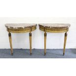 A GOOD PAIR OF GEORGE III DEMILUNE CONSOLE TABLE, with marble tops, painted and carved decoration,