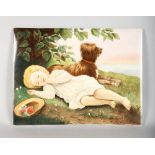 A GOOD KPM PORCELAIN RECTANGULAR PLAQUE, a child sleeping, a dog by its side. Impressed KPM. 19cms x