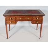 A VICTORIAN MAHOGANY INLAID RECTANGULAR TOP WRITING TABLE, with leather inset top, five drawers with