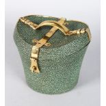 A FAUX SHAGREEN HAT BOX TEA CADDY, with brass handle and mounts. 5ins high.