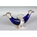 A SILVER PLATED BLUE DOUBLE DUCK CLARET JUG with plated head, handle and feet.