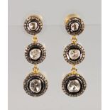 A PAIR OF 9CT GOLD AND SILVER DIAMOND DROP EARRINGS.