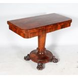 A GOOD LATE REGENCY FIGURED ROSEWOOD RECTANGULAR TOP CARD TABLE, the folding top with green baize