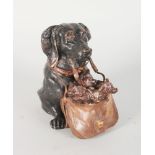 A BRONZE INKWELL DOG WITH BASKET OF PUPS. 5ins high.